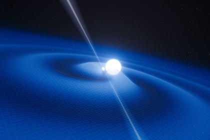 Иллюстрация двойной звездной системы и гравитационных волн