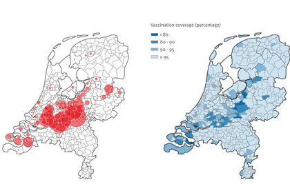 Случаи кори (слева) и доля невакцинированного населения в Нидерландах