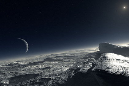 Представление художника о том, как Харон (слева) и Солнце выглядят с поверхности Плутона