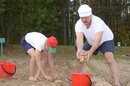 Александр Лукашенко и его сын Коля во время уборки урожая
