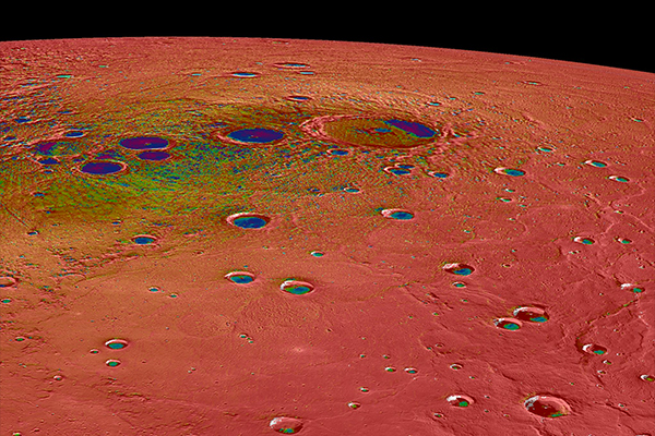 Северная полярная область Меркурия характеризуется резкими перепадами температур (50-400 кельвинов) и наличием в кратерах водяного льда