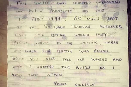 Письмо в бутылке нашлось через 20 лет за тысячи километров от места отправки