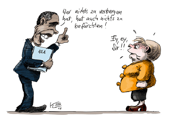 Карикатура на Барака Обаму и Ангелу Меркель: «Кому нечего скрывать, тому нечего бояться!» — «Так точно, сэр!»
