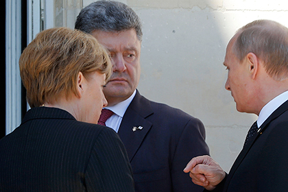 Владимир Путин, Петр Порошенко и Ангела Меркель, 6 июня 2014 года