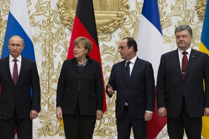 Владимир Путин, Ангела Меркель, Франсуа Олланд и Петр Порошенко (февраль, 2015 год)